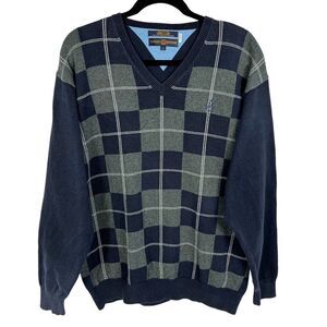 Tommy Hilfiger Golf Navy Argyle V-Neck 100% Cotton Pullover Sweater Men’s Large